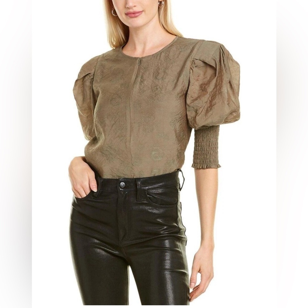 Rebecca Minkoff ARMY GREEN Geneva Puff Sleeve Blouse Size Small